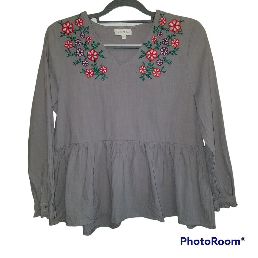 Velzera Floral Embroideredโ Peplum Peasant Cotton Blouse Large